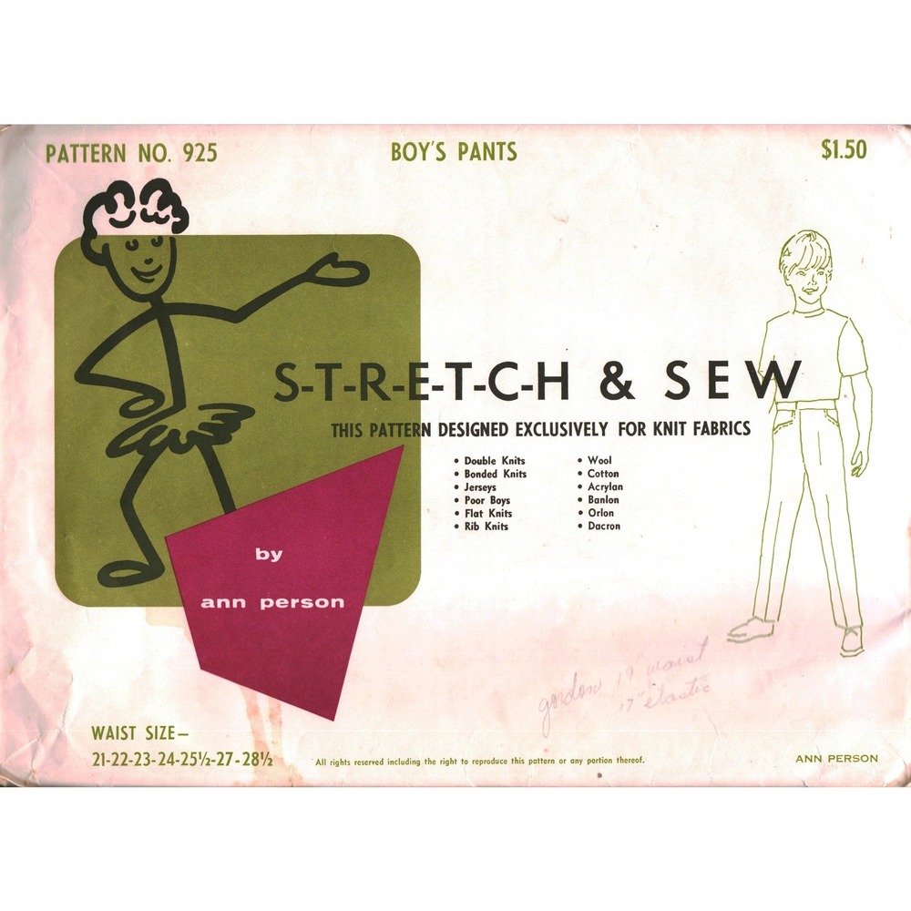 Vintage Ann Person Stretch & Sew Pattern 925 Boys Pant Knit Fabric Waist 21-28.5